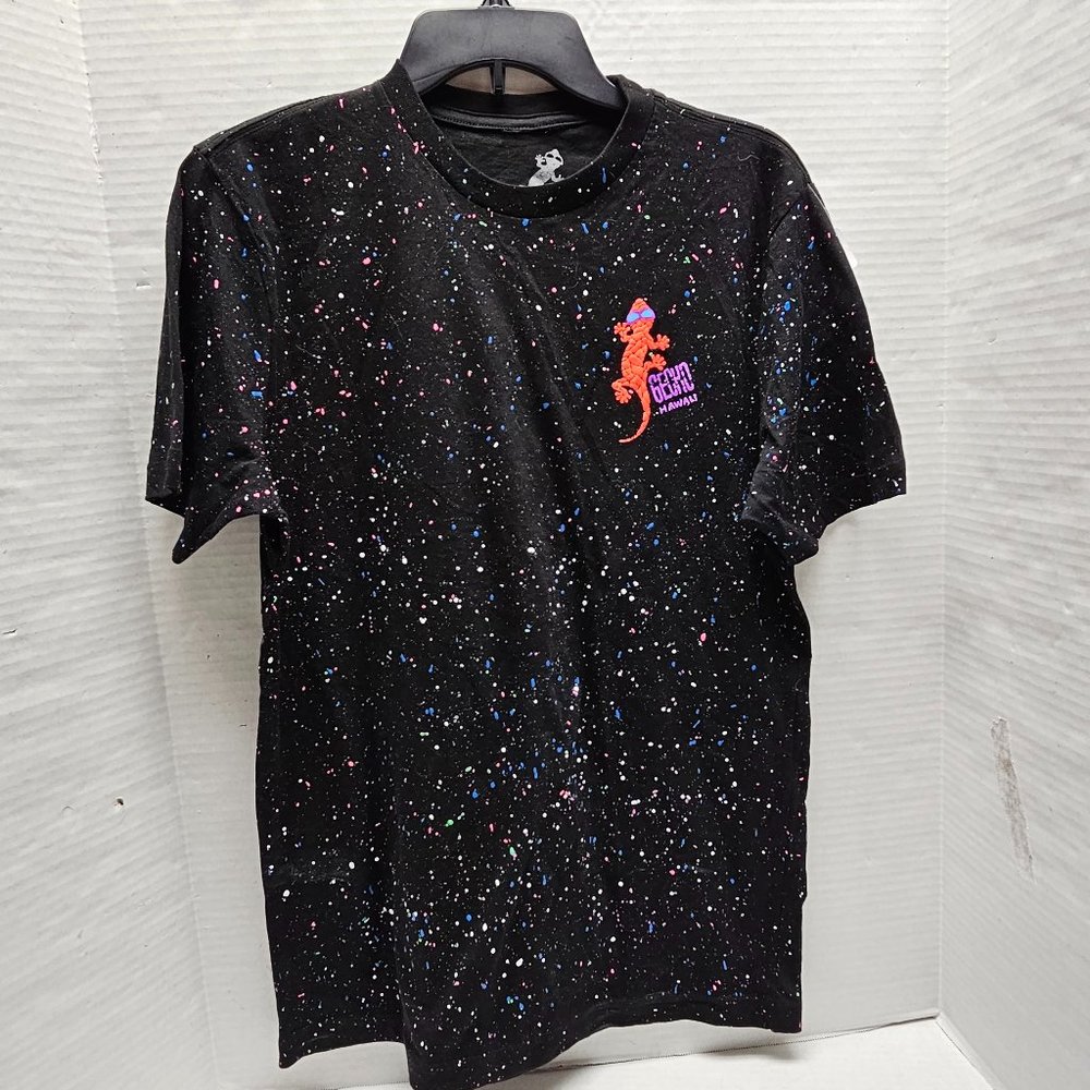 GECKO Hawaii Wear Aloha Graphic Black Bright Neon Lizar Paint Splatter T Shirt M